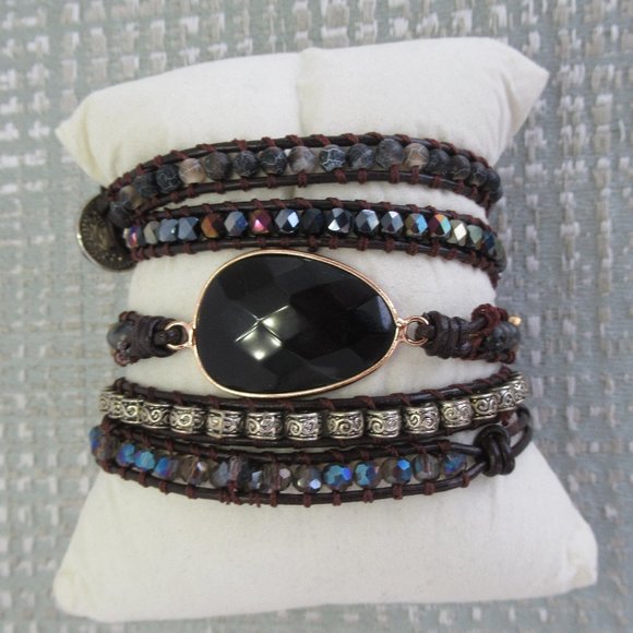 NAKAMOL Faceted Crystal Natural Stones Beads and Leather Mix Wrap Bracelet Black - Picture 2 of 6